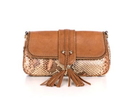 Gucci, a Marrakech handbag, designed with a tonal brown python skin exterior and grained tan leather trim, gold-tone hardware