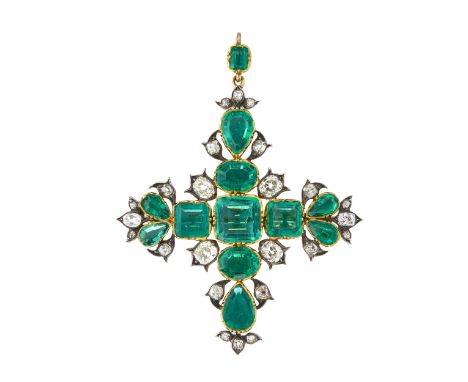 An exceptional mid to late Victorian silver and gold, Colombian emerald and old-cut diamond cross pendant, principal emerald 