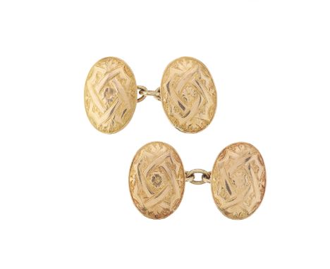 A pair of late Victorian 15ct gold cufflinks, each designed as an oval-shape floral engraved panel, with connecting chain, ha