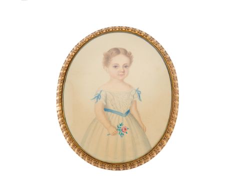 A late Georgian portrait miniature, circa 1830, watercolour on card, painted to depict a young girl wearing a white dress and