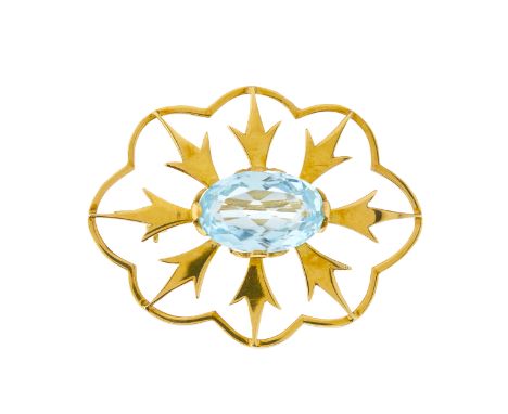 A mid 20th century 18ct gold oval-shape aquamarine openwork brooch, aquamarine estimated weight 6.50ct, hallmarks for Birming