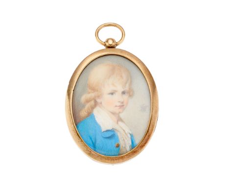 A late Georgian portrait miniature, circa 1800, watercolour on ivory, painted to depict a fair haired young boy wearing a blu