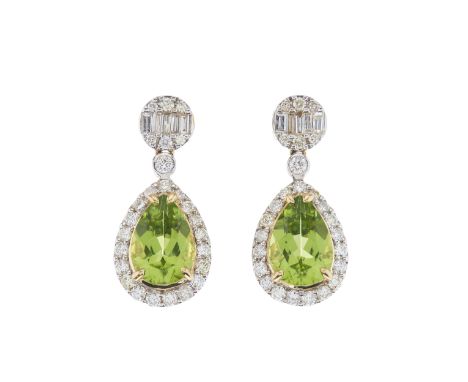 A pair of 18ct gold pear-shape peridot and brilliant-cut diamond drop earrings, with vari-cut diamond cluster surmount and br