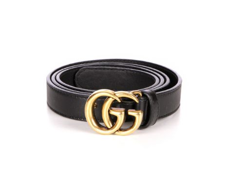 Gucci, a thin Marmont belt, the black calf leather belt with brushed gold-tone GG buckle fastening, length stamped 85.34Condi
