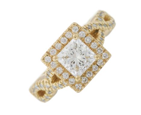 An 18ct gold square-shape diamond single-stone dress ring, with brilliant-cut diamond surround and similarly-set woven should