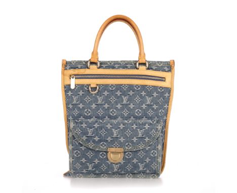 Louis Vuitton, a denim Sac Plat shopper, designed with the maker's monogram blue stonewashed denim exterior and natural tan l