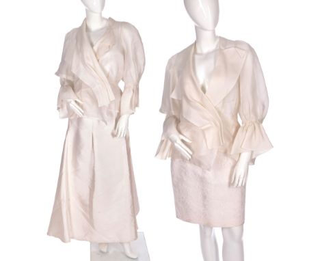 Christian Lacroix, two ladies outfits, first comprising a silk blouse and silk pencil skirt with lace overlay, together with 