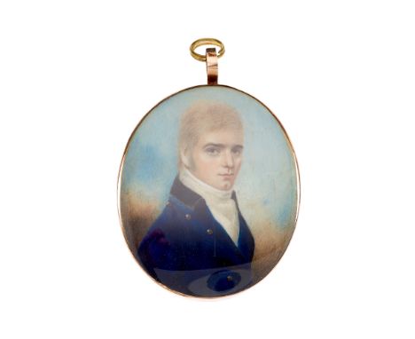 A late Georgian portrait miniature, circa 1810, watercolour on ivory, painted to depict a young gentleman wearing a blue jack