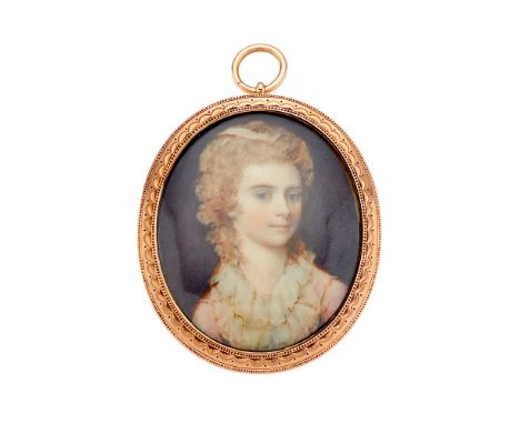 A fine late 18th century portrait miniature, circa 1775, watercolour on ivory, painted to depict a young lady in a pink and w