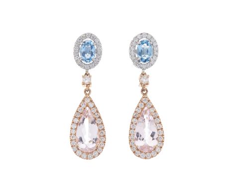 A pair of 18ct gold pear-shape morganite and brilliant-cut diamond cluster drop earrings, each with oval-shape aquamarine and