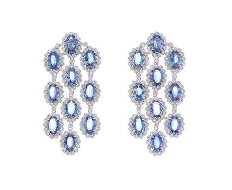 A pair of 18ct gold oval-shape sapphire and brilliant-cut diamond chandelier drop earrings, estimated total sapphire weight 1