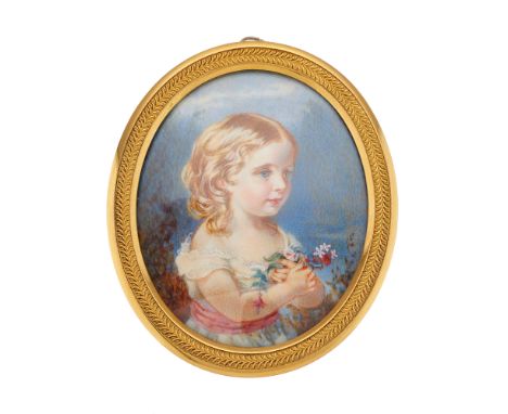 A mid 19th century portrait miniature, circa 1855, watercolour on ivory, painted to depict a young girl holding a bunch of fl