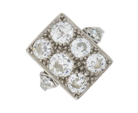 An Art Deco old-cut diamond cluster dress ring, with similarly-cut diamond accent shoulders, estimated total diamond weight 2