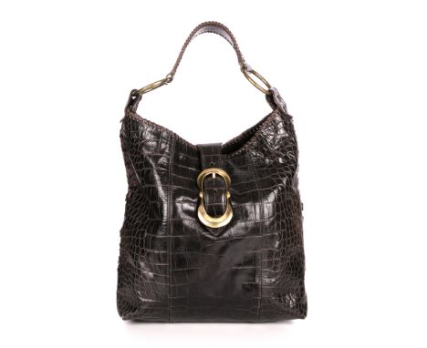 J & M Davidson, a large leather handbag, crafted from brown crocodile embossed leather, with brushed gold-tone hardware, sing