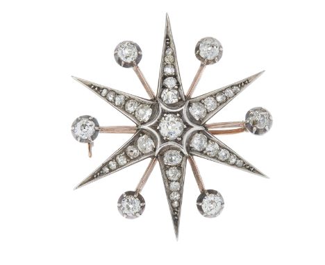 A late Victorian silver and gold, old-cut diamond star brooch, estimated total diamond weight 3ct, principal diamond estimate