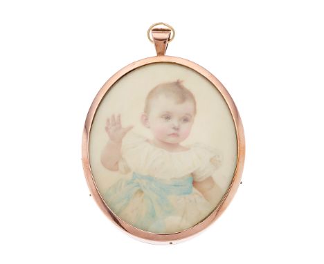 Mabel Lee Hankey (1867-1943), an Edwardian portrait miniature, circa 1905, watercolour on ivory, painted to depict a baby wea