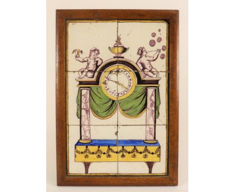 Pottery tile tableau of 6 parts, pendulum crowned with putti,  presumably Rotterdam 18th. century, 39 x 25 cm. (various quali