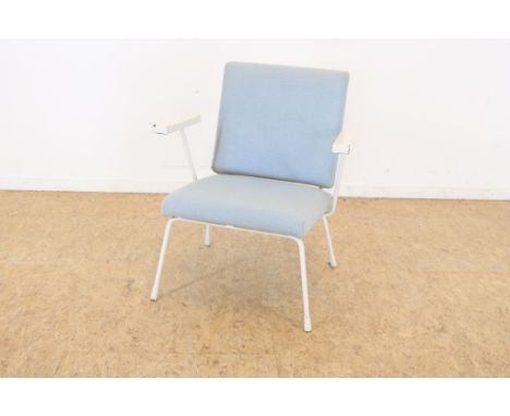 Cream laquered metal armchair with light blue upholstering,  design Wim Rietveld, model 415/1401 for Gispen, 50'ties.Creme ge