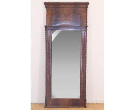 Mahogany regtangular Biedermeier mirror with on top gate-shaped  elements, om the sides salomonic columns, h. 165, w. 68 cm, 
