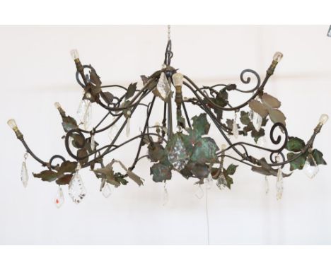 Wrought Iron Design 10-Light Pendant Lamp with Leaves, Curls and icicles, design Maroeska Metz, h. 50 cm.Smeedijzeren Design 