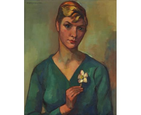Wiegman Matthieu (1886-1971)"portrait lady with flower", oil on  canvas, signed top left, 59,5 x 48,5 cm.Wiegman Matthieu ( 1