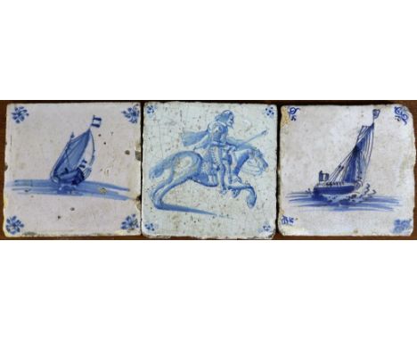 Three pottery tiles, Dutch Delft, 17th. Century, rider tile and 2  tiles with ships. Chips. Thickness: 1 cm.Lot van 3 aardewe