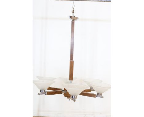 A wooden hanging lamp with 6 lampshades h. 94 cm.Hout met chromen Art Deco hanglamp met 6 glazen kapjes. h. 94 cm.