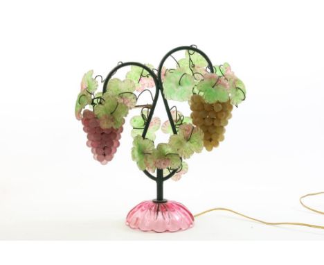 Glass grape table lamp Murano, decorated with green and pink pate  de verre grape bunches and leaves, late 20th. century, h. 