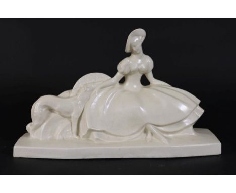 Cream ceramic Art Deco molding as a lady with greyhound, marked LEJAN, France 1930s, h. 30, w. 51, d. 17 cm.Creme keramiek Ar