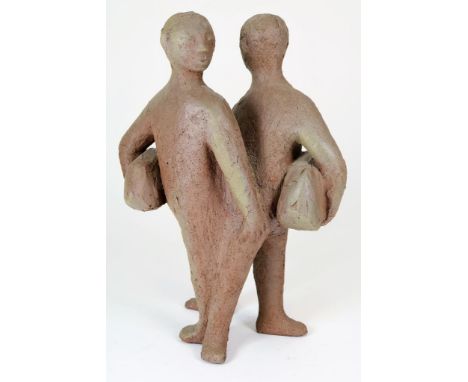 Clay/ceramic sculpture of 2 males, unknown, h. 40 cm.Klei/keramiek sculptuur van 2 mannetjes, onbekend, h. 40 cm.