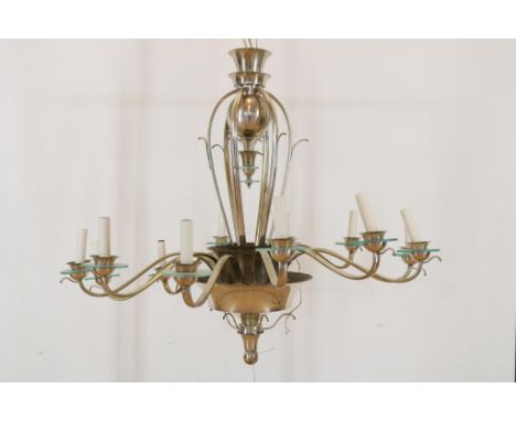 Chromed 12-light hanging crown with glass rings and grease  collar, h. 110 cm.Verchroomde 12-lichts hangkroon met glazen ring
