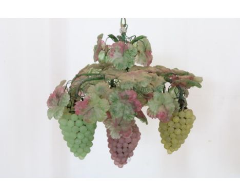 Murano lamp chandelier with 4 lightpoints decorated with brunches  of grapes and grape leaves of green and pink glass paste, 
