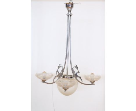 Chrome-plated Art Deco 4-light hanging lamp with deer and glass hoods, h. 85 cm. (bayonet fitting)Verchroomde Art Deco 4-lich