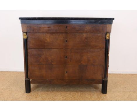 Mahogny Empire chest with drawers, 4 drawers, with black laquer  pilasters, early 19th century, h. 103 w. 118 d. 64 cm.Mahoni