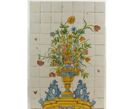 Polychrom tile panel, "vase with flowers", consisting of 70  tiles, majolica, presumably Italy 20th. Century, 101,5 x 71 cm.P