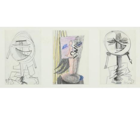 UNKNOWN, sign. and dat. Abstract portret, drawing in pencil, 1989, 3x in frame, each: H.  17 cm W. 11,5 cmONBEKEND, ges. en g