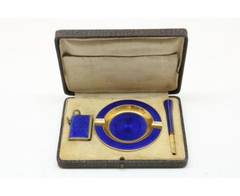 Blue Guilloche Enamel and gilded smoking utensils in pouch:  cigarette pipe, ashtray and lighter. ( mouthpiece loose and cip 