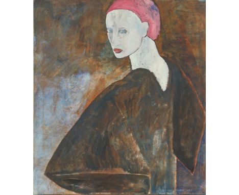 KURPERSHOEK LOES (1948-2021), sig. and dat. 1983 portrait of lady with red scarf, canvas 85 x 75 cm.KURPERSHOEK LOES (1948-20