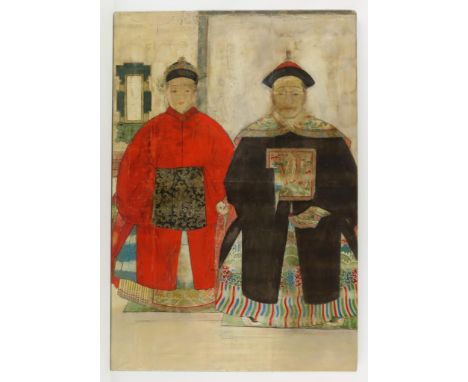 Ancestor portrait, with royal couple, Qing-Dynastie, China 19th  century, 151 x 102 cm. (with restorations)Voorouderportret g