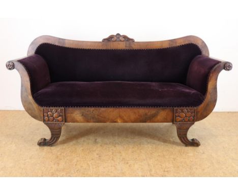 Mahogany Empire sofa upholstered in purple velvet resting on  curved legs ending in claw feet, France 19th century, l. 198 cm