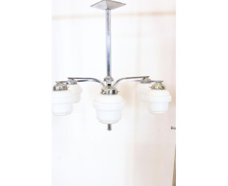 Chrome Art Deco hanging lamp, h. 67 cm.Chromen Art Deco hanglamp met 6 melkglazen kapjes, h. 67 cm.
