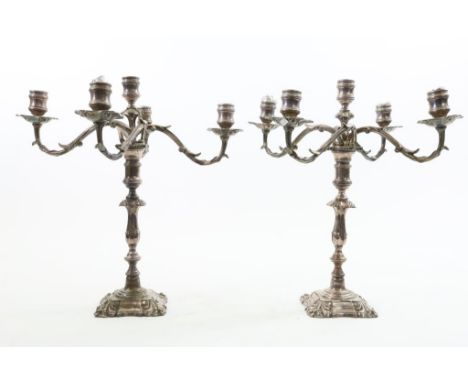 Pair English Elkington silver plated Victorian 5 light  candelabra, late 19th, century, marked on the bottom, h 45,  diameter