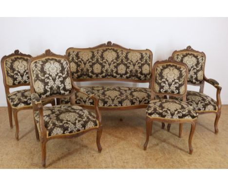 Walnut 5-piece Louis XV style salon set, consisting of sofa, 2 armchairs and 2 chairs upholstered with partly velvet floral u