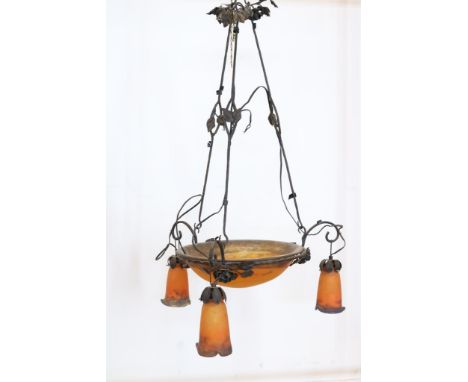 MULLER FRERES LUNEVILLE FRANCE, wrought iron glass Art Deco lamp,  chandelier with round bowl and 3 lamp shades, orange and b