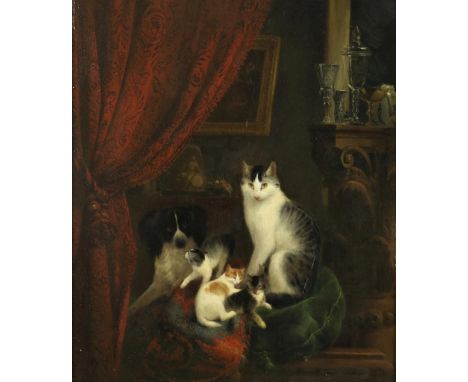 RONNER KNIP, HENRIETTE (1821-1909), signed and dated 1847 l.r., portrait of cat family with scared kitten off playful dog, oi