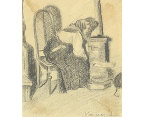 Unknown, sign. Kurlander, Istvan. Woman at the stove Pencil drawing 24 x 21 cmOnbekend, onduid. gesig. Kurlander Istvan. Vrou