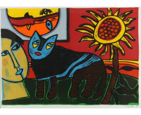 CORNEILLE (1922-2010), sign. and dated. 1989 l.r. in print,  Female figure with cat, silkscreen on linen 90 x 125 cm.CORNEILL