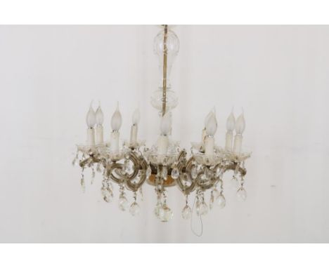 Crystal 10-light hanging crown with fat collars and icicles, h.  65 cm.Kristallen 10-lichts hangkroon met vetkragen en pegels