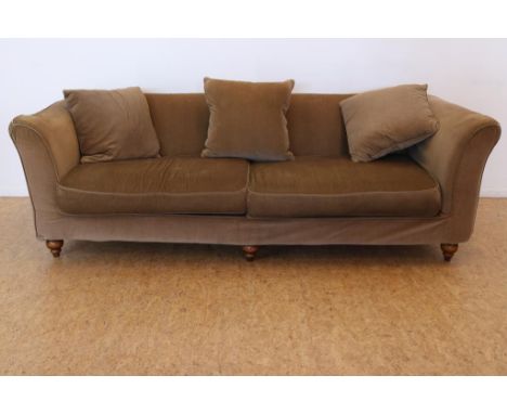 4 seater sofa with brown fabric upholstery and loose cushions wooden turned legs, h. 76, w. 235, d. 100 cm. (origin: Hotel Se