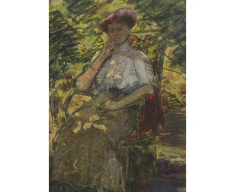 GRAAFLAND, ROB (1875-1940), Lady in a garden chair, presumably  portrait of Freule Asch van Wijck, watercolor H. 39 x w. 28 c